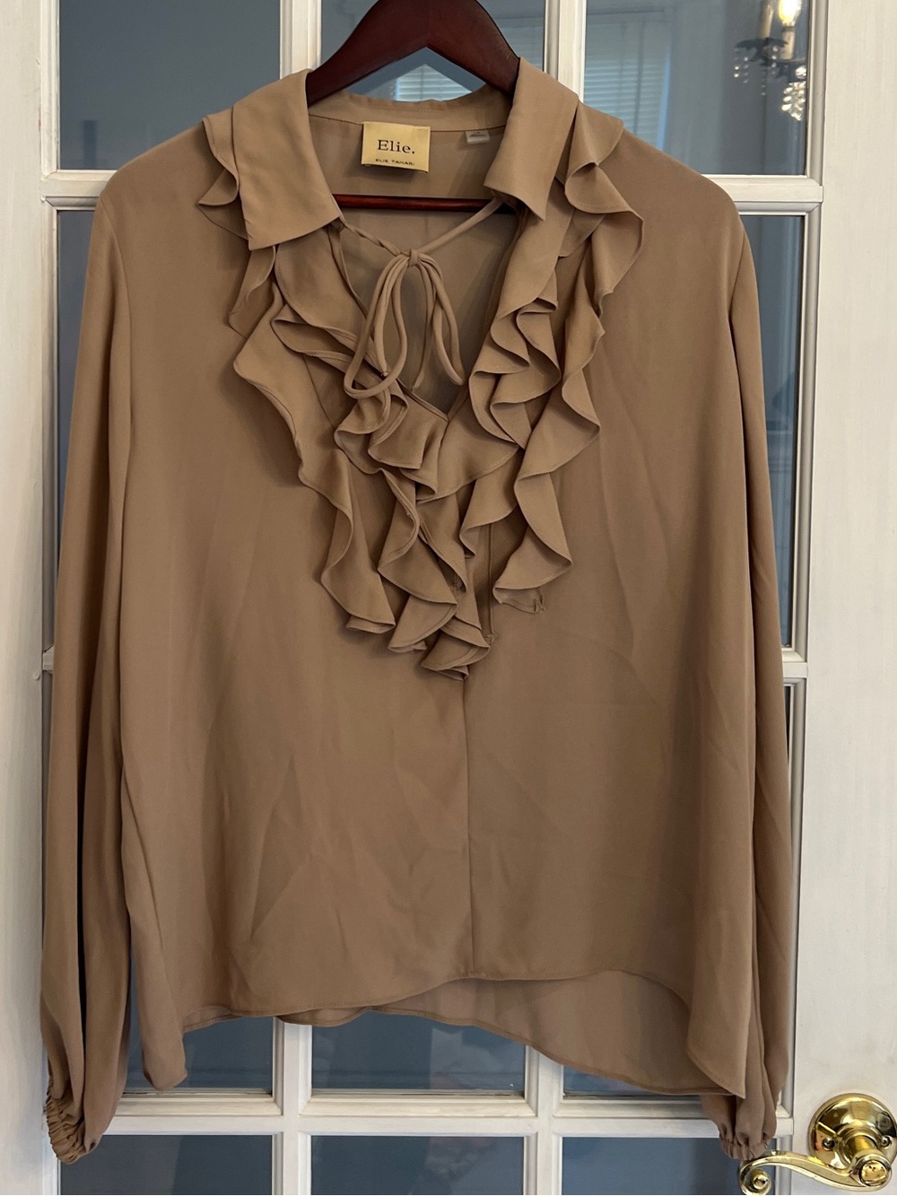 Elie Elie Tahari Women’s Camel Ruffle Tie Neck Blouse Long Sleeve Romantic Sz L